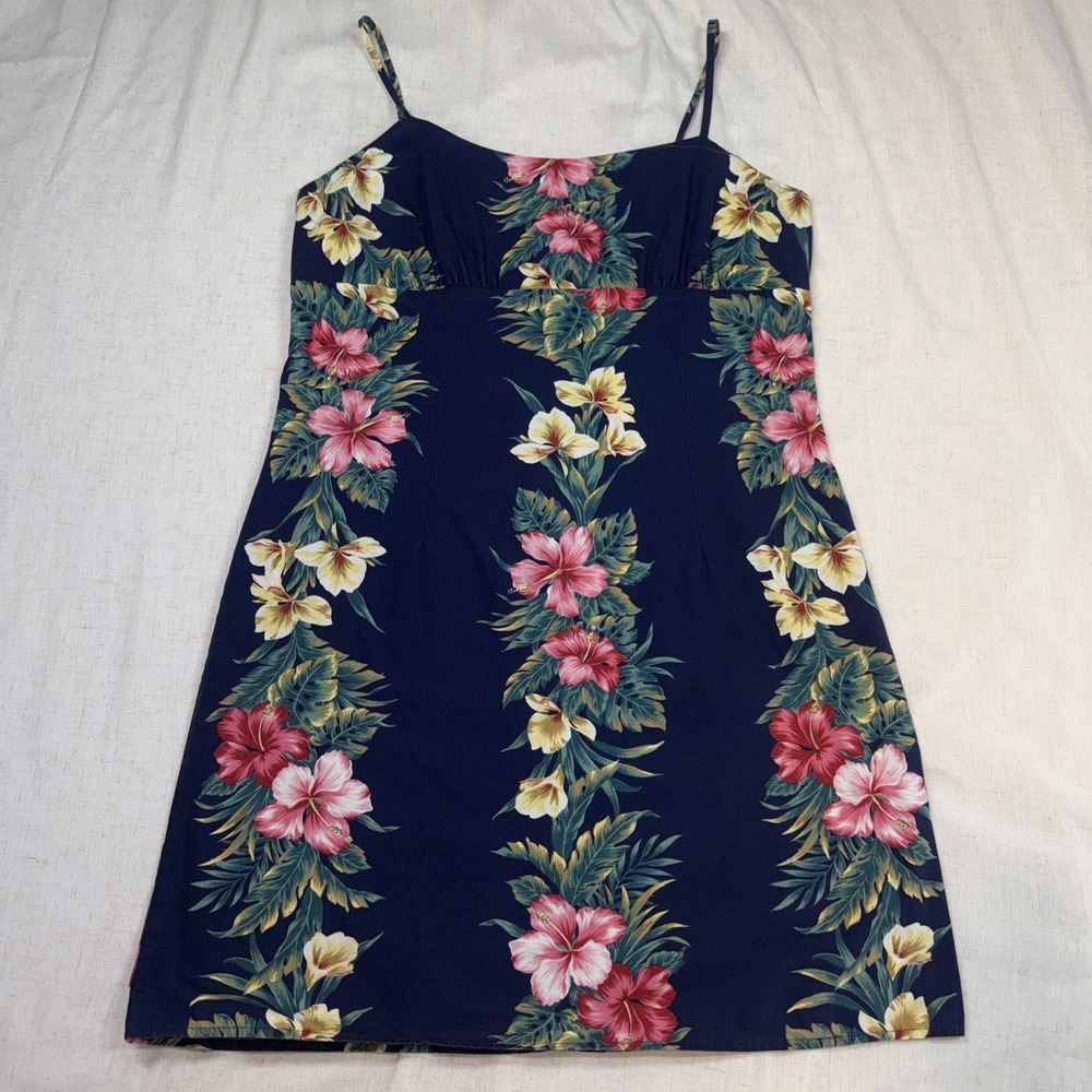 Ho Aloha Vintage Hawaiian women extra large navy blue floral dress‎